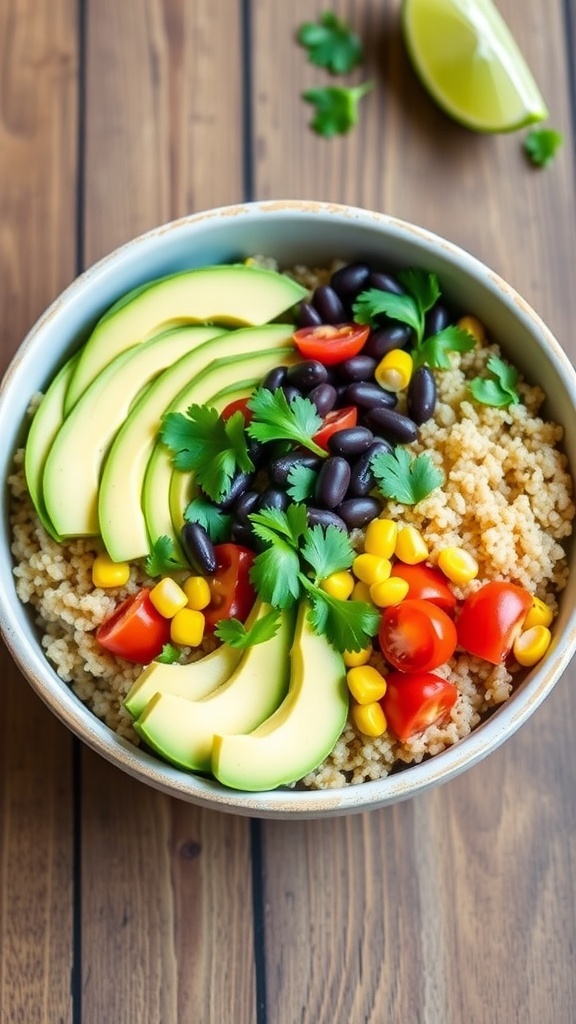 Quinoa Black Bean Bowl Recipe A colorful quinoa black bean bowl with avocado, corn, and tomatoes on a wooden table.